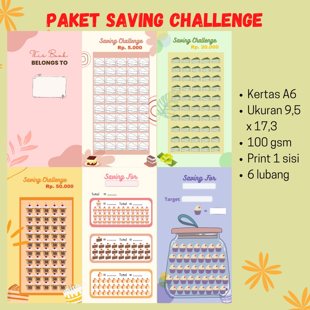

( Isi 6 ) Kertas Saving Challenge / Kertas Binder Tantangan Menabung Ukuran A6
