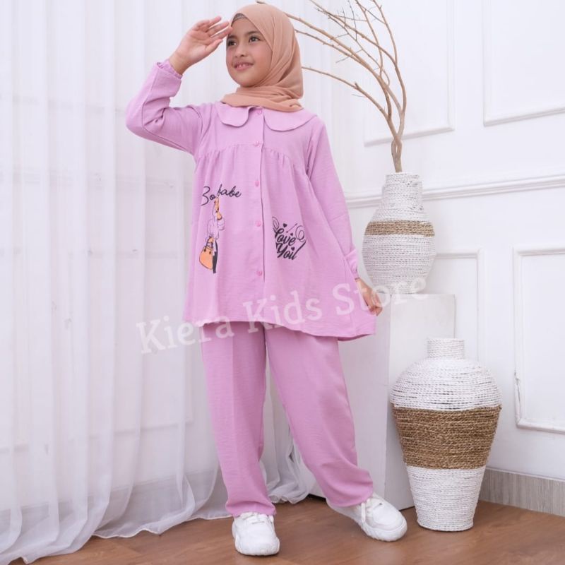 Setelan Anak Perempuan Bahan Crinkle Premium Airflo Motif Gambar Usia 3-12 Tahun