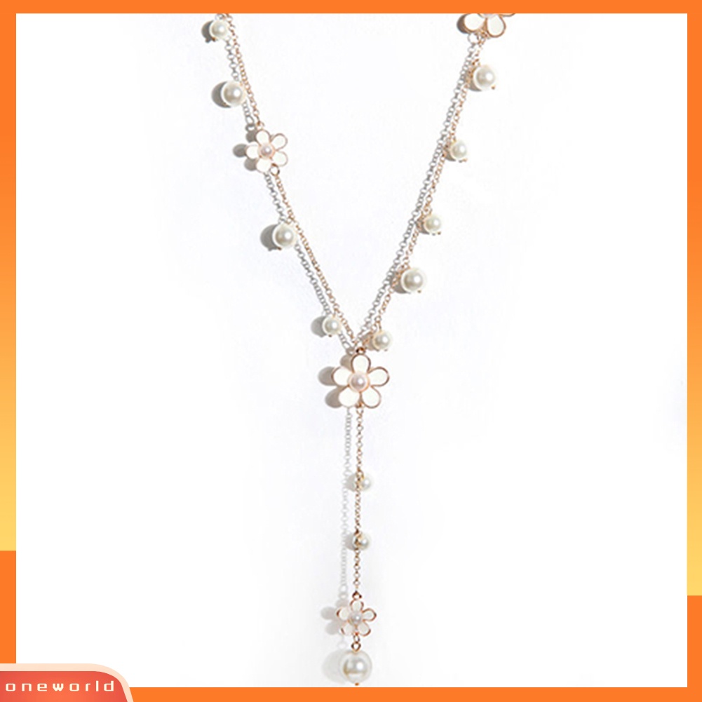 [WONE] Mutiara Imitasi Elegan Bunga Sweater Rantai Kalung Panjang Sosialita Lady Jewelry