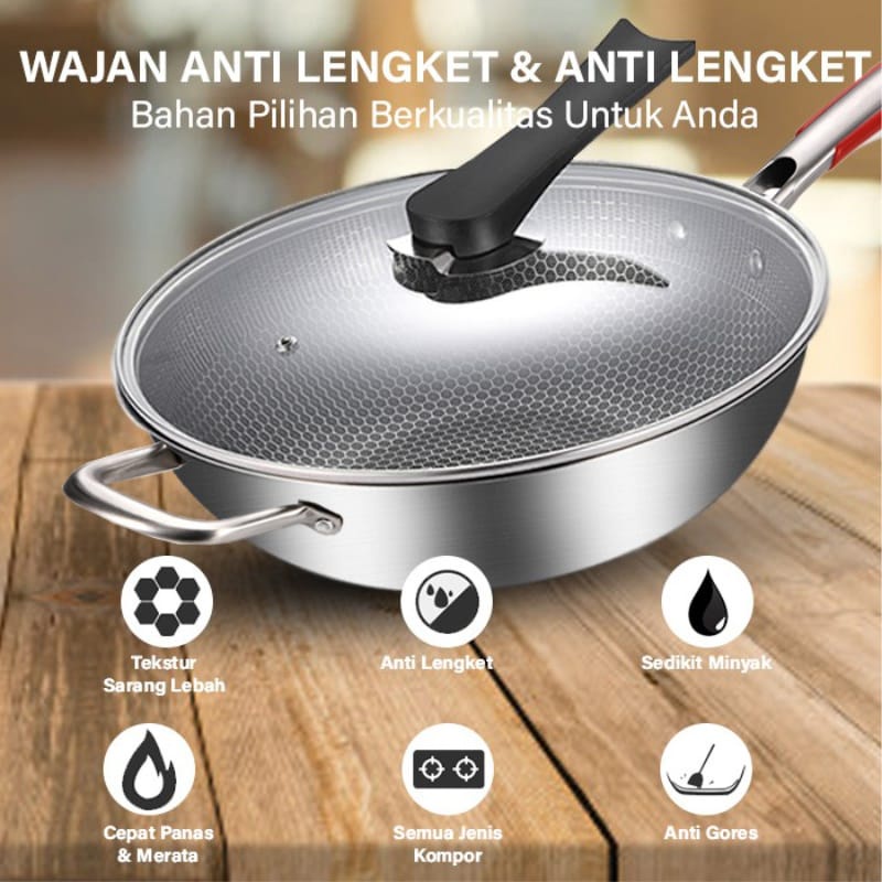 MILIKI SEGERA Wajan Penggorengan Frying Pan 34cm Stainless steel CG-7 Free Tutup Anti Lengket BISA COD MURAH