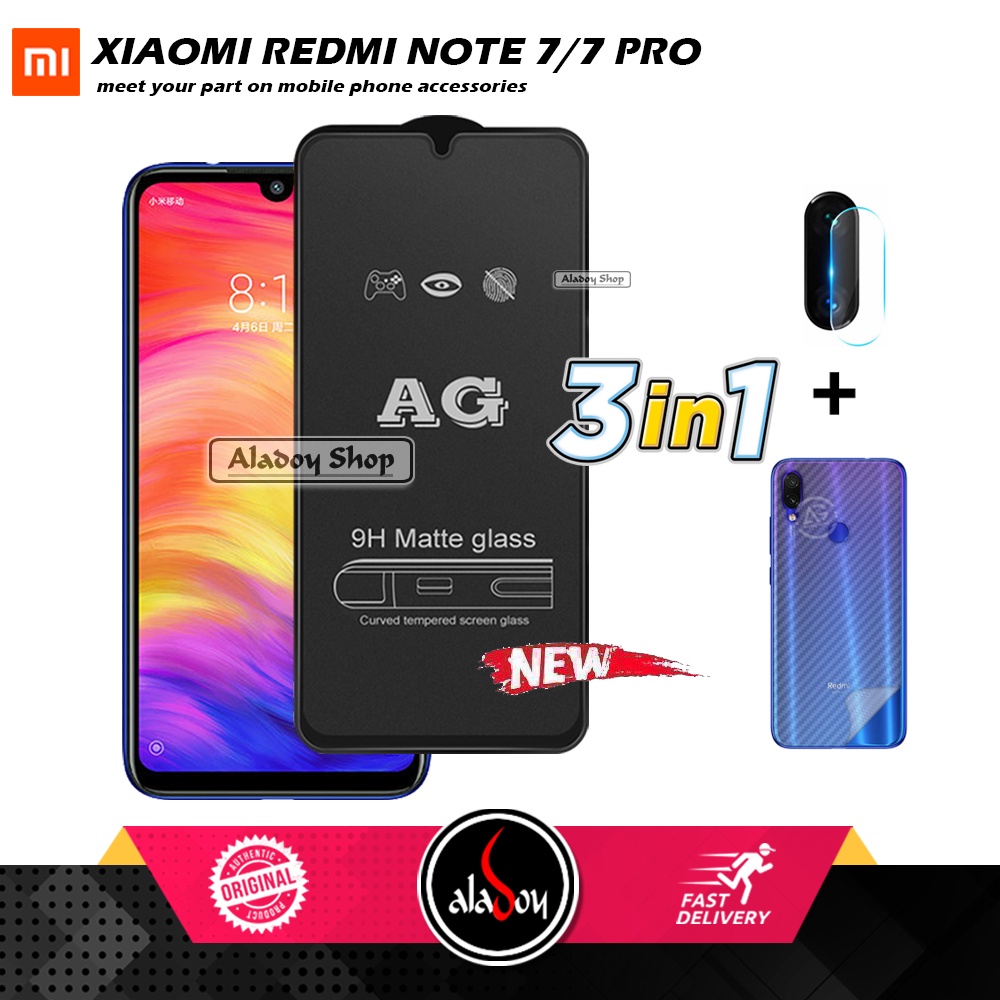 Paket 3IN1 Tempered Glass Layar Matte Anti Glare XIAOMI REDMI NOTE 7/7 PRO Free Tempered Glass Camera dan Skin Carbon