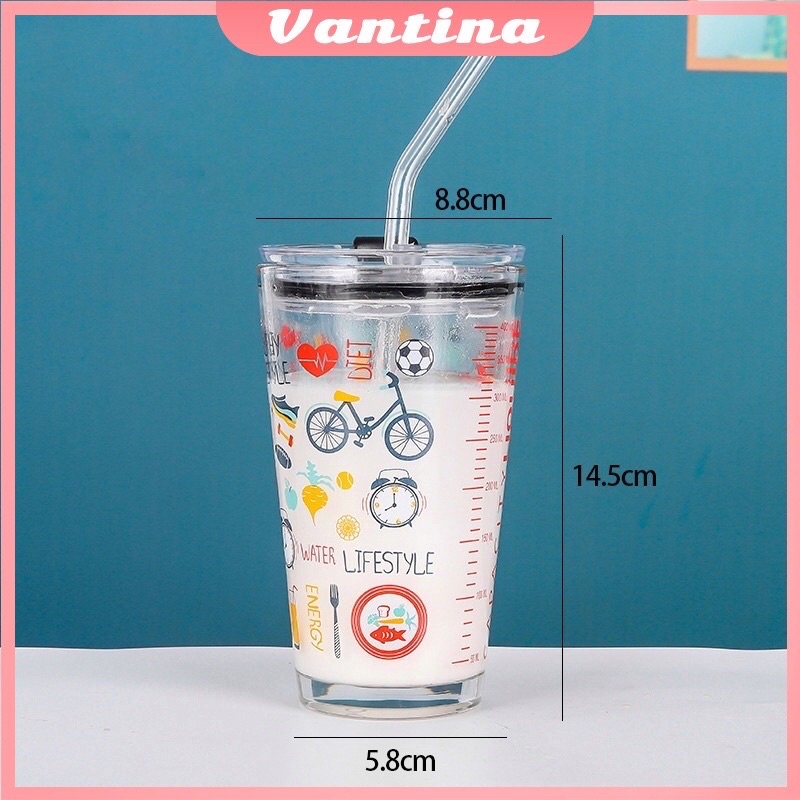 Gelas Tumbler Botol Kaca Motif + Sedotan Dengan Tutup anti Bocor 400ml