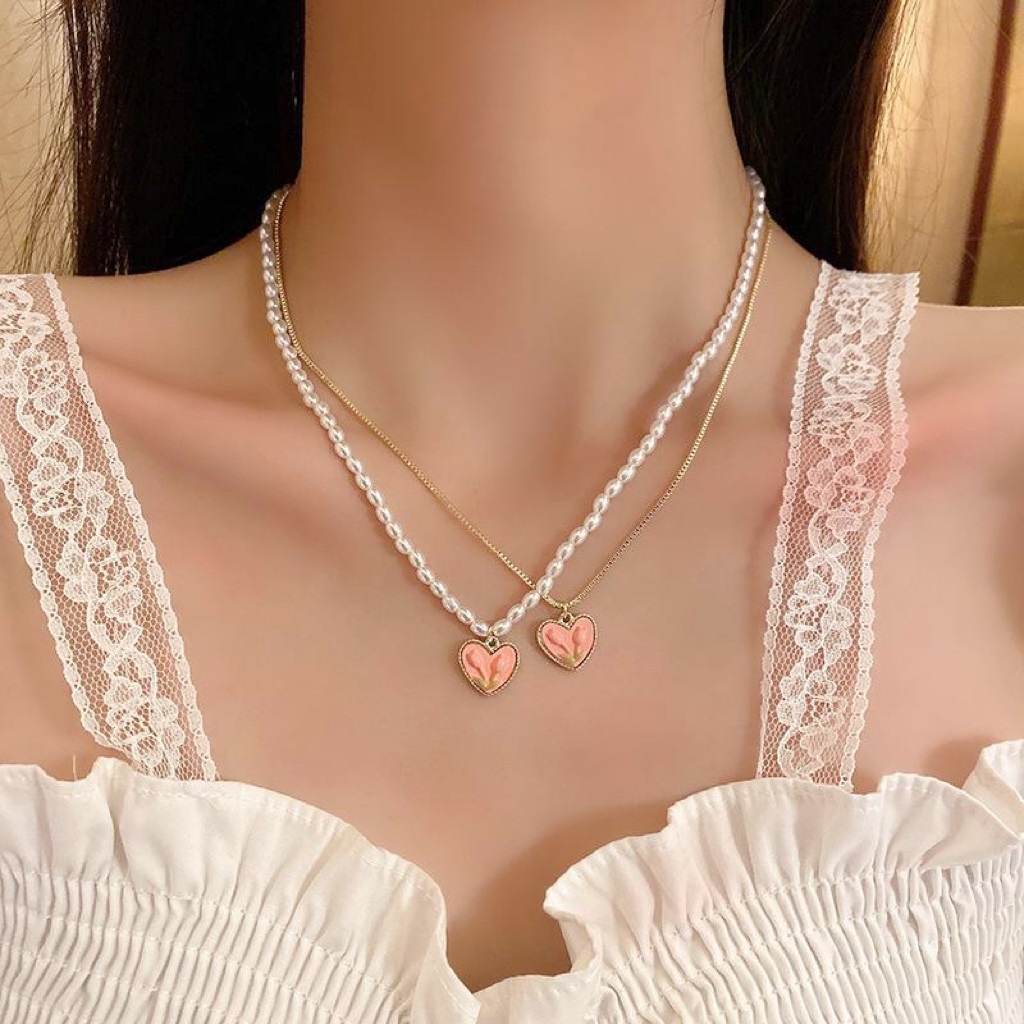 Kalung Tulip Mutiara Mewah Untuk Wanita Cinta Hati Fishtail Liontin Necklace Jewelry Y2K Aksesoris