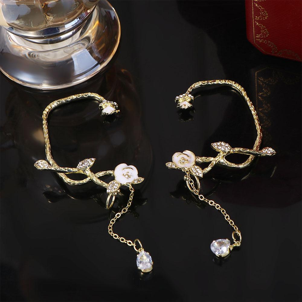 Mxbeauty Anting Klip Bunga Mawar Trendy 1pc Rantai Panjang Perempuan Tanpa Tindik Zirkon Gaya Korea Klip Telinga