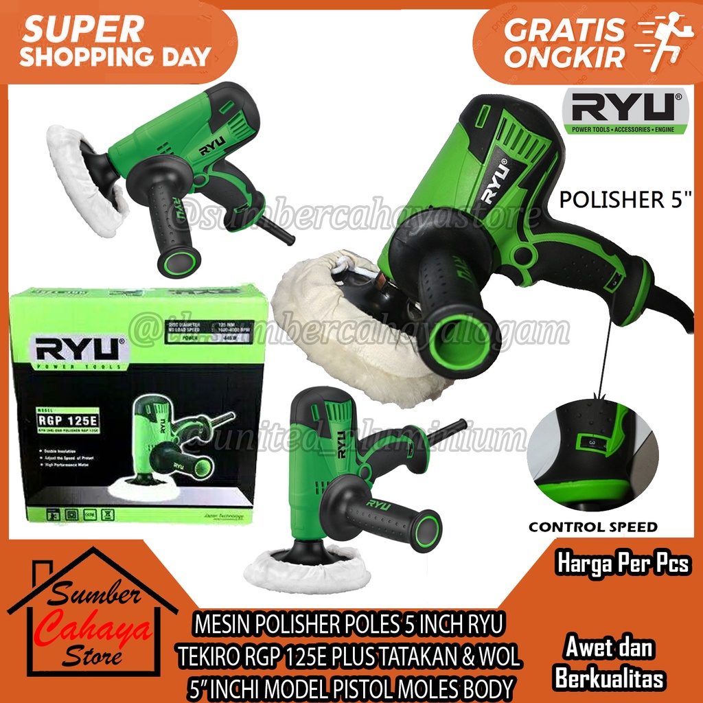 MESIN POLISHER POLES 5 INCH RYU  TEKIRO RGP 125E PLUS TATAKAN & WOL  5” INCHI MODEL PISTOL MOLES BOD