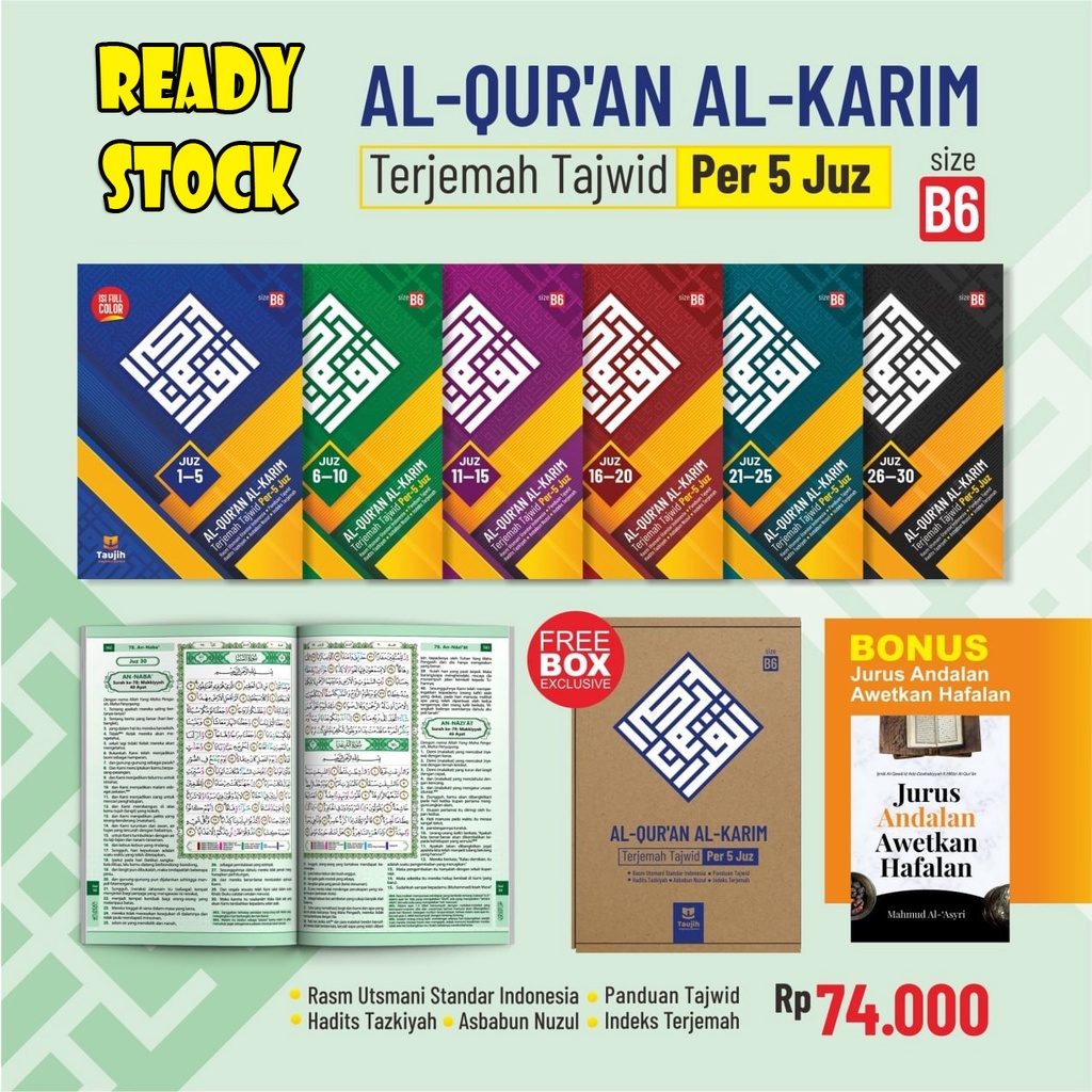 Al-Quran Tajwid &amp; Terjemah Per 5 Juz Taujih Zaduna | uk. B6 (12x17cm) | Bonus Buku Saku &amp; Box