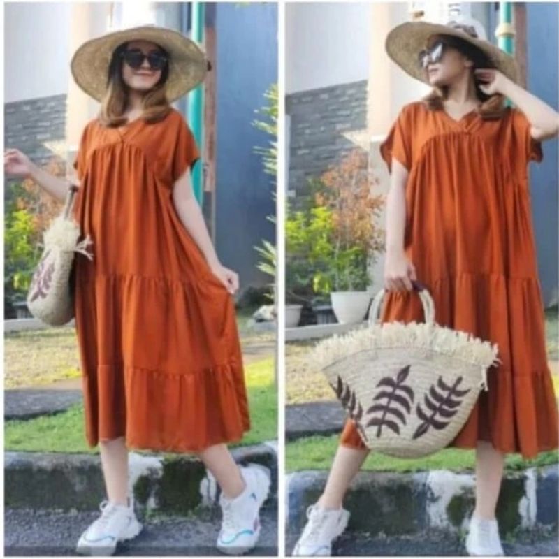 Dress Polos Rayon XXL/Masayu Home Dress Midi Korean Polos Ruffle I Kanzia Homedress LD 120