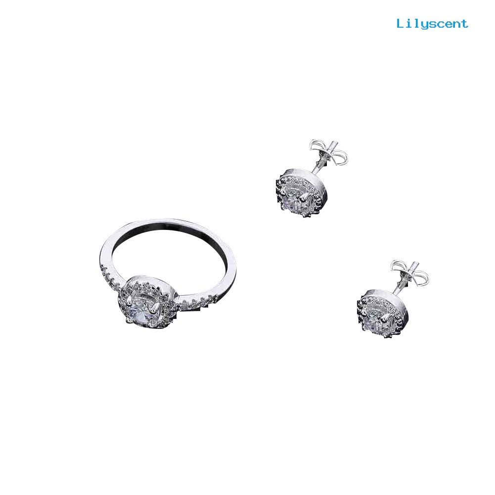 [LS] Wanita Bulat Zirkon Telinga Studs Terbuka Cincin Kalung Fashion Pesta Perhiasan Pesona Set