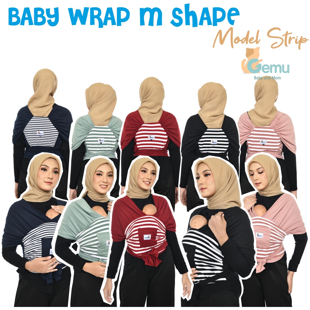 GEMUBABY Gendongan Bayi Depan M Shape Baby Wrap 3in1 Geos Baby Instan Premium with Sash Belt Warna Strip