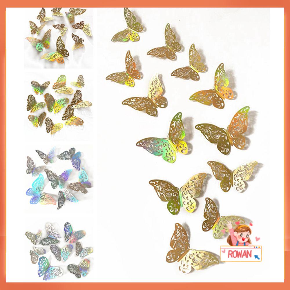 R-flower 12PCS/Set 3D Butterfly Stiker Hadiah Dekorasi Rumah Hiasan Kamar Anak Warna Warni Silver Gold