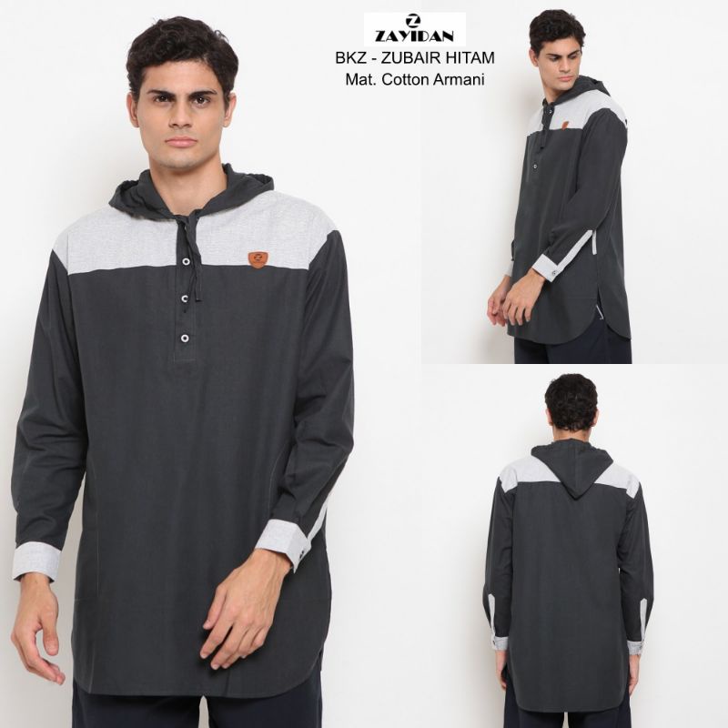 Zayidan Zubair Hoodie Baju Koko Pria Kurta Pakistan Muslim Lengan Panjang Warna Black Hitam