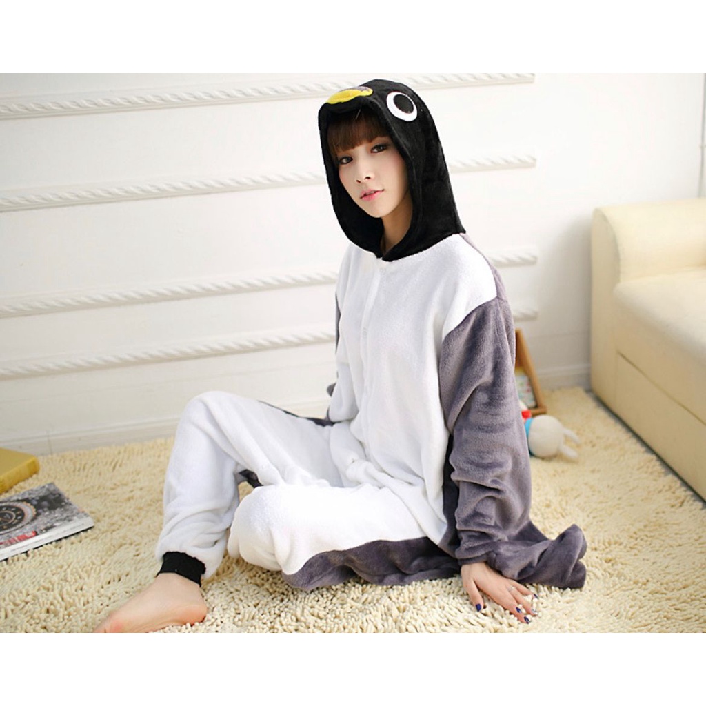 BAJU ONESIE PENGUIN HITAM ABU ABU GREY KOSTUM PIYAMA PESTA KIGURUMI IMPOR