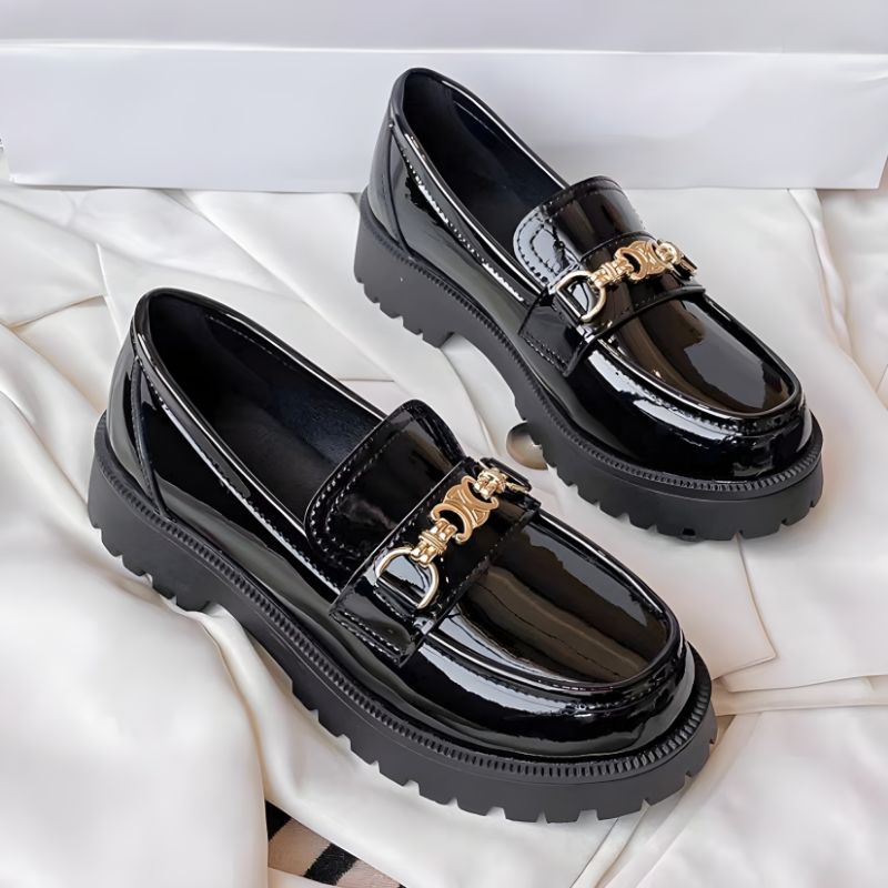 Sepatu Docmart Wanita Hitam Gesper Hak Datar Kasual Import Premium DF 566 Sepatu Flat Loafers Kulit Cewek Kekinian Fashion Korean Style 8045 Bisa Cod