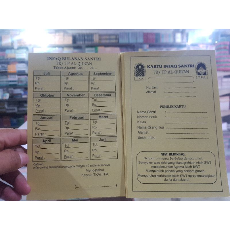 Jual Kartu Infaq santri TK / TPA. isi 10 lembar atau 50 lembar. uk ...