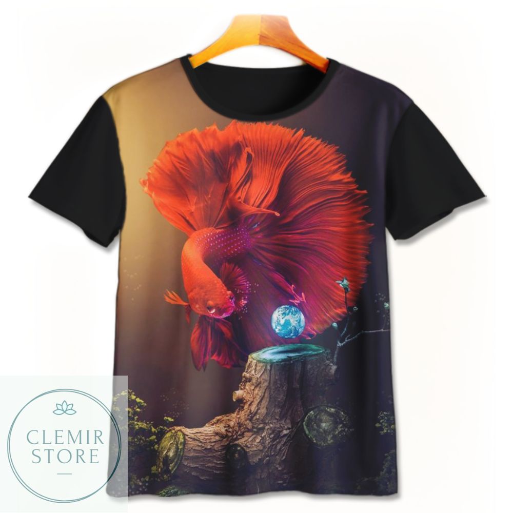 Kaos 3D Anak | Baju Printing | Kaos 3D - Baju Gambar Binatang / Hewan Ikan Cupang Hias Hm Super Red 