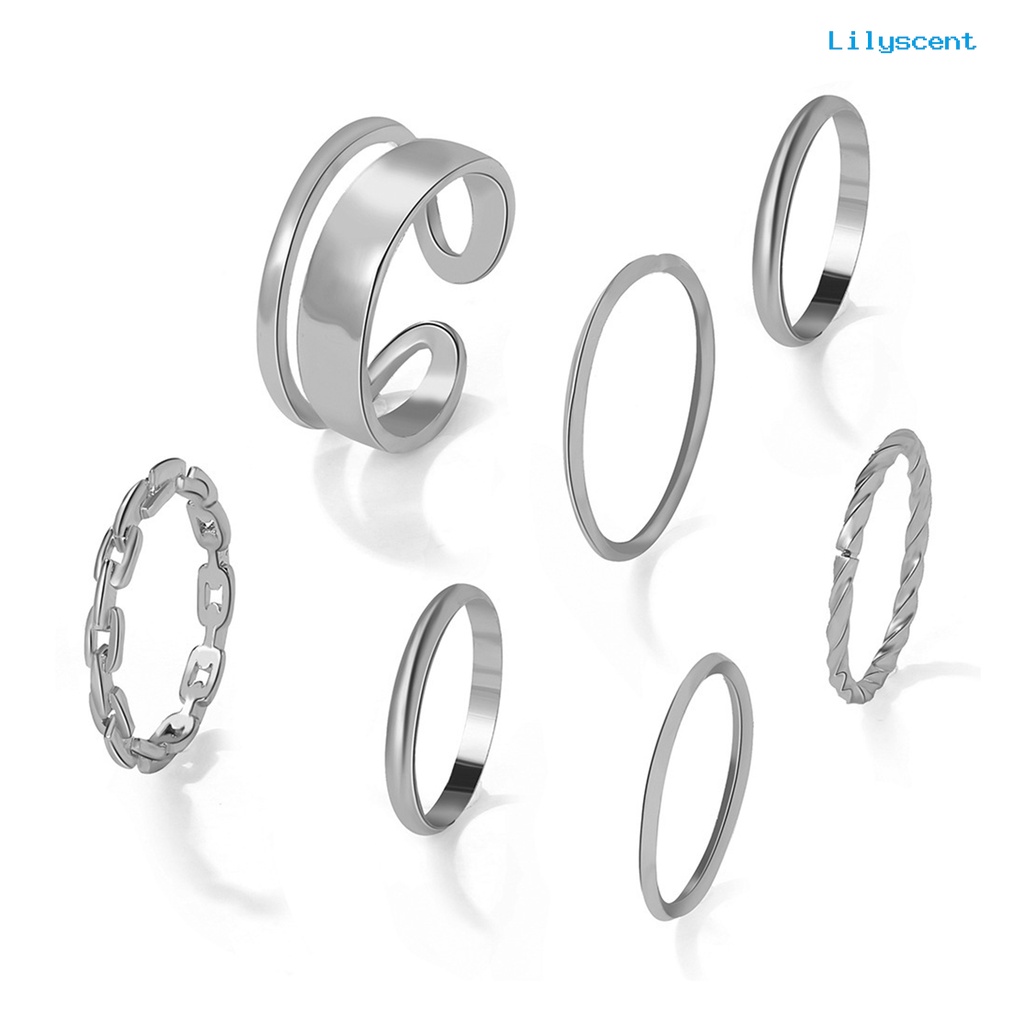 [LS]7Pcs /set Cincin Knuckle Wanita Geometris Pembukaan Adjustable Hip Hop Stackable Finger Rings Untuk Pesta Club Cosplay