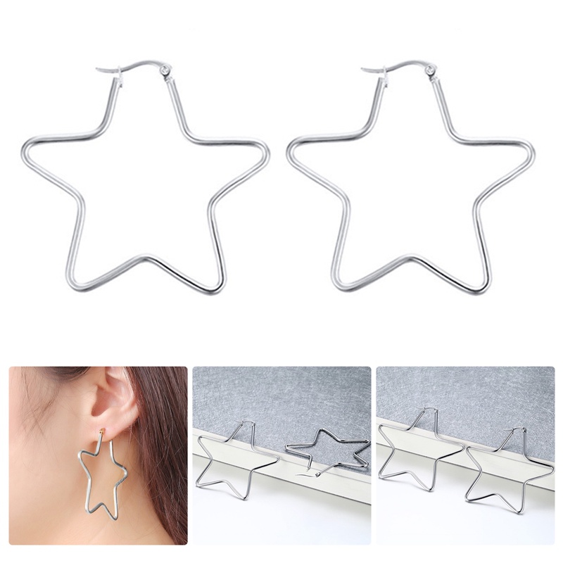 Fancyqube Anting Hoop Bintang Besar Bahan Titanium Steel Untuk Wanita Warna Silver Tidak Luntur