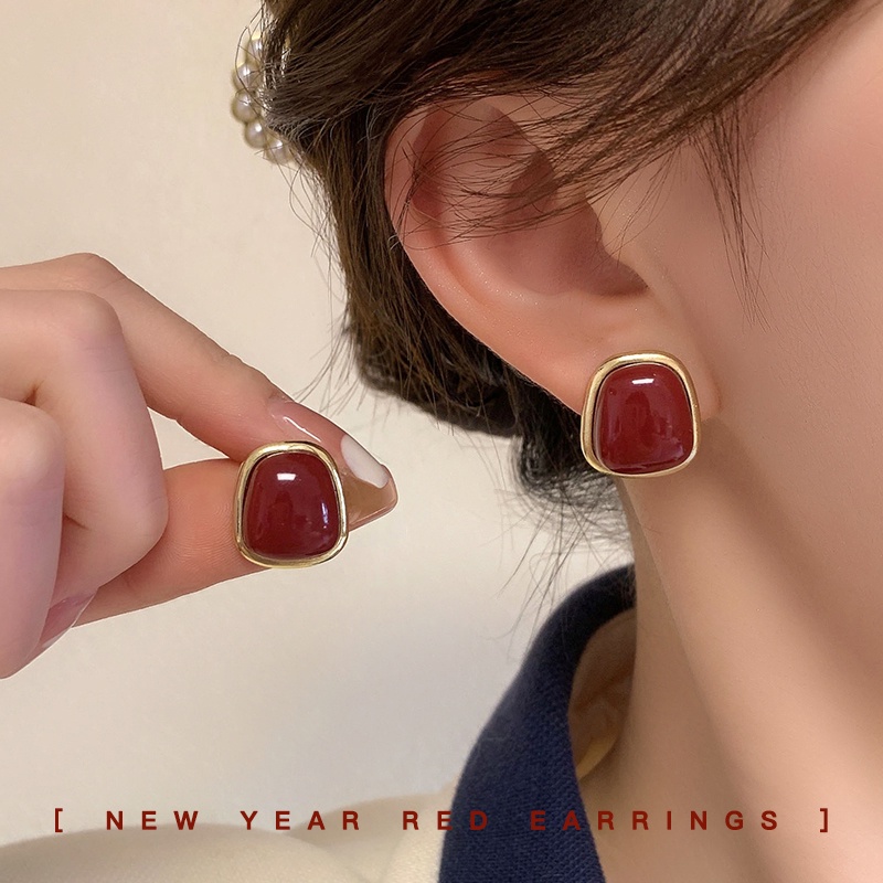 Anting Mutiara Merah Gaya Korea Musim Gugur Dan Musim Dingin Anting Wanita Anting Natal Dan Tahun Baru