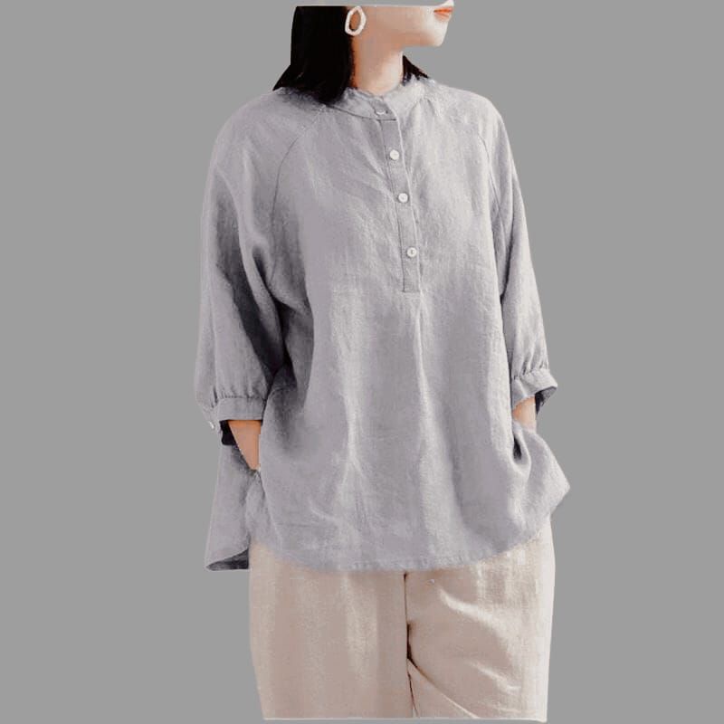 Kemeja Polos Linen Wanita Kerah Shanghai - Lengan 3/4 - kemeja linen oversize