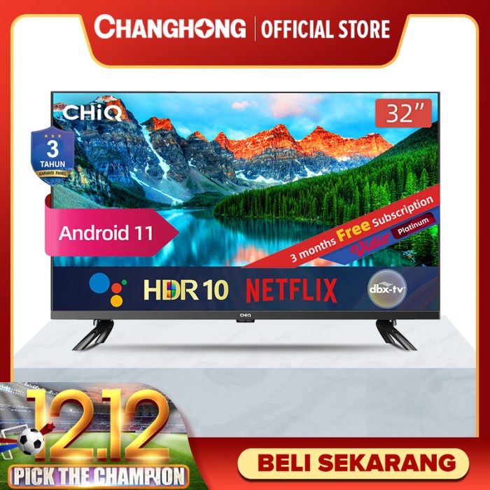 CHiQ 32 Inch Android 11 Frameless Smart TV Digital LED TV L32G7P MURAH