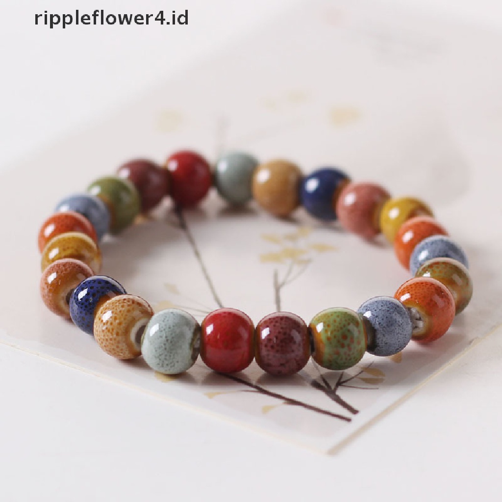 {rippleflower4.id} Gaya Etnik Fashion Glasir Keramik Manik-Manik Dainty Bracelets Strand Bracelet Multicolor Elastis Loves'Kado 1biji~