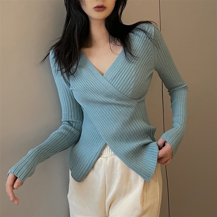 【Elegant】V-neck Cross Ribbed Knit  Solid Color Long Sleeve Top 2368