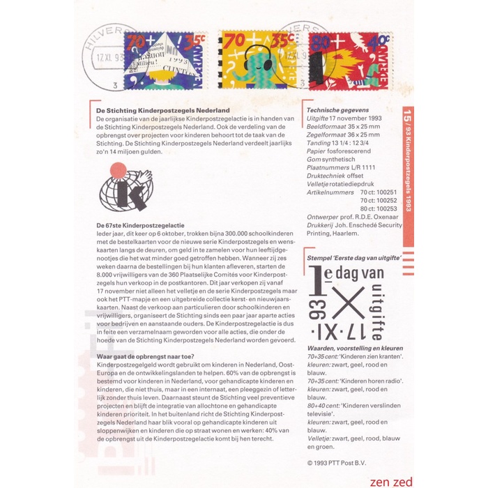 

A308 Prangko Info Page Belanda 1993 Child Care 1 Pcs