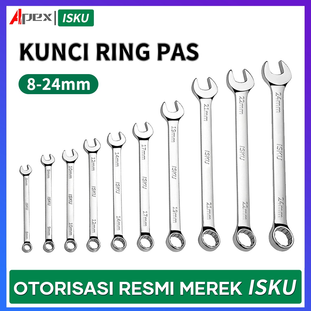 ISKU Kunci ring pas set 13pcs Combination Spanner Wrench Kombinasi Ring dan Pas 8/9/10/11/12/13/14/17/18/19/21/22/24 mm Multifungsi Bahan Kuat Anti Karat