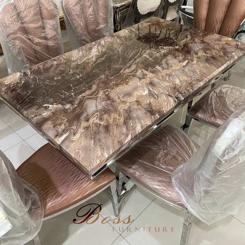 Meja Makan Marmer 6 Kursi Rangka Besi Impor Rangka Stainless Oscar Kulit Impor