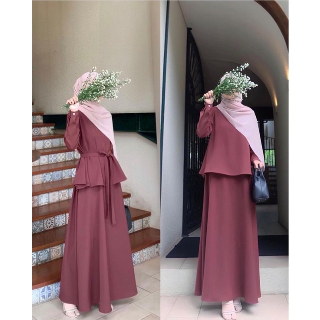 BISA COD | Nayla Set Burgundy | Baju Muslim Ibu-Ibu Pengajian | Set Hjab | Gamis + Kerudung | Gamis 