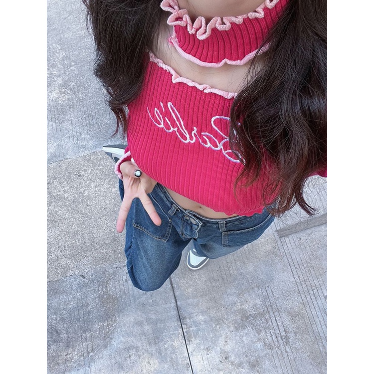 ♣Suhao underpassX Barbie barbie joint manis manis dengan lengan warna hit leher bulat dipotong sweter pendek satu bahu