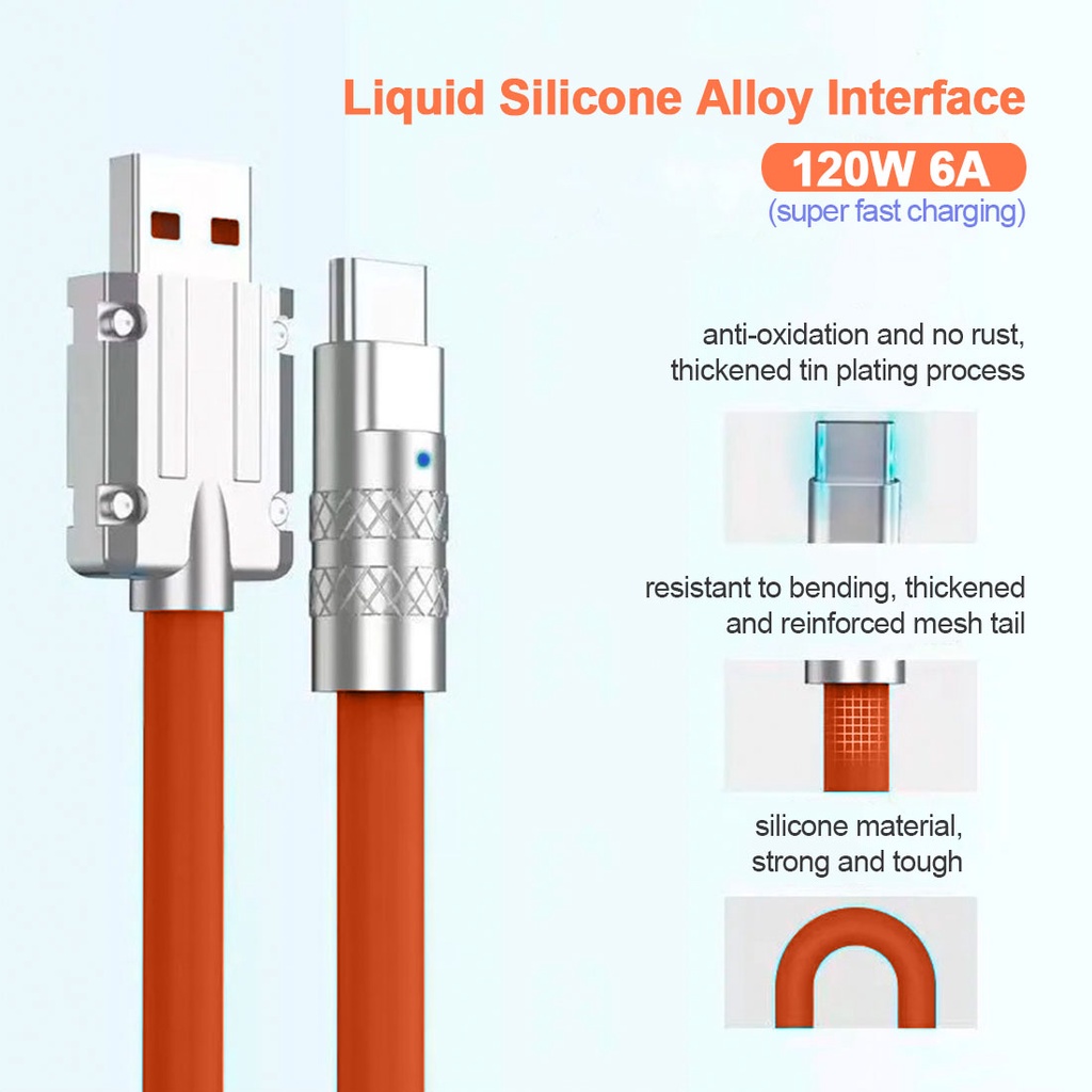 BENCO 120W 1M Kabel Data USB A to Type-C, Lighting for I-phone and 3in1 cable for micro, type-c, i-phone Fast Charging Cable Durable Silicone Wire Orange Kuat Tahan Lama
