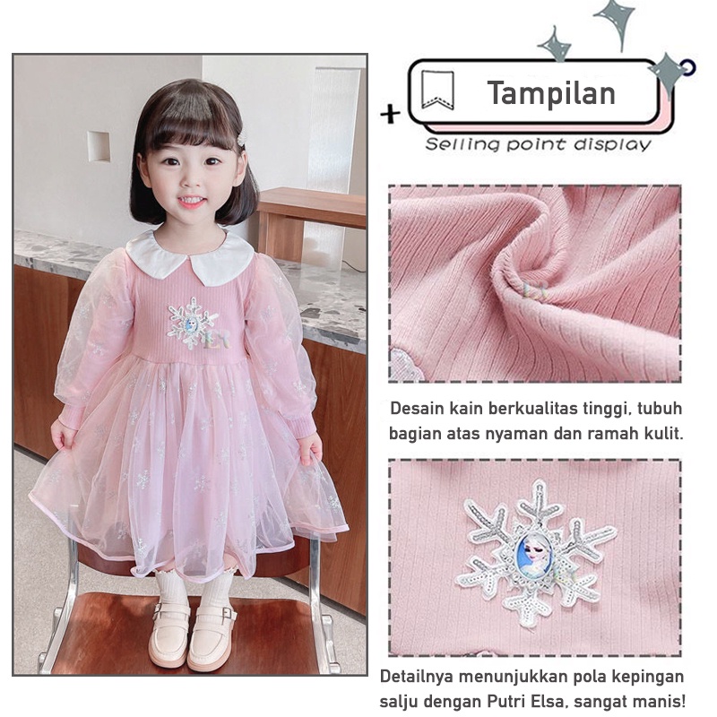 LNR Shop Free Tongkat Sihir + Mahkota Gaun Dress Anak Perempuan Motif Frozen Dengan Kerah Lengan Panjang Rok Tutu Dua Layer Birthday Party Gaun Pesta Ulang Tahun Princess Bahan Cotton Halus Tangan Ruffle Dress Natal Lebaran Hari Raya Idul Fitri Imlek