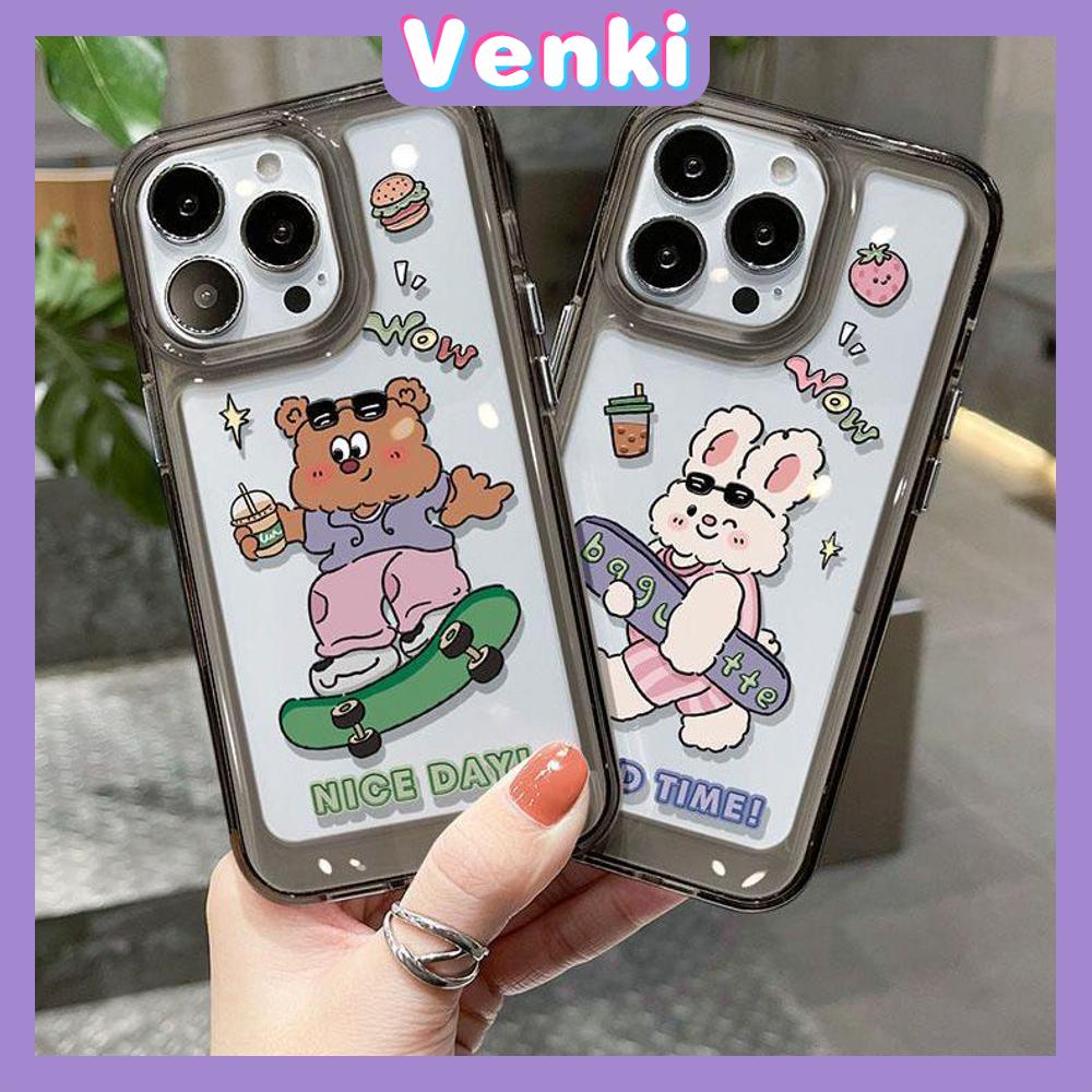 iPhone Case High Quality HD Transparent Acrylic Hard Case Skate Bear and Rabbit Metal Button Camera Protection Shockproof Compatible For iPhone 14 13 12 11 Pro Pro Max 7 8 Plus XR