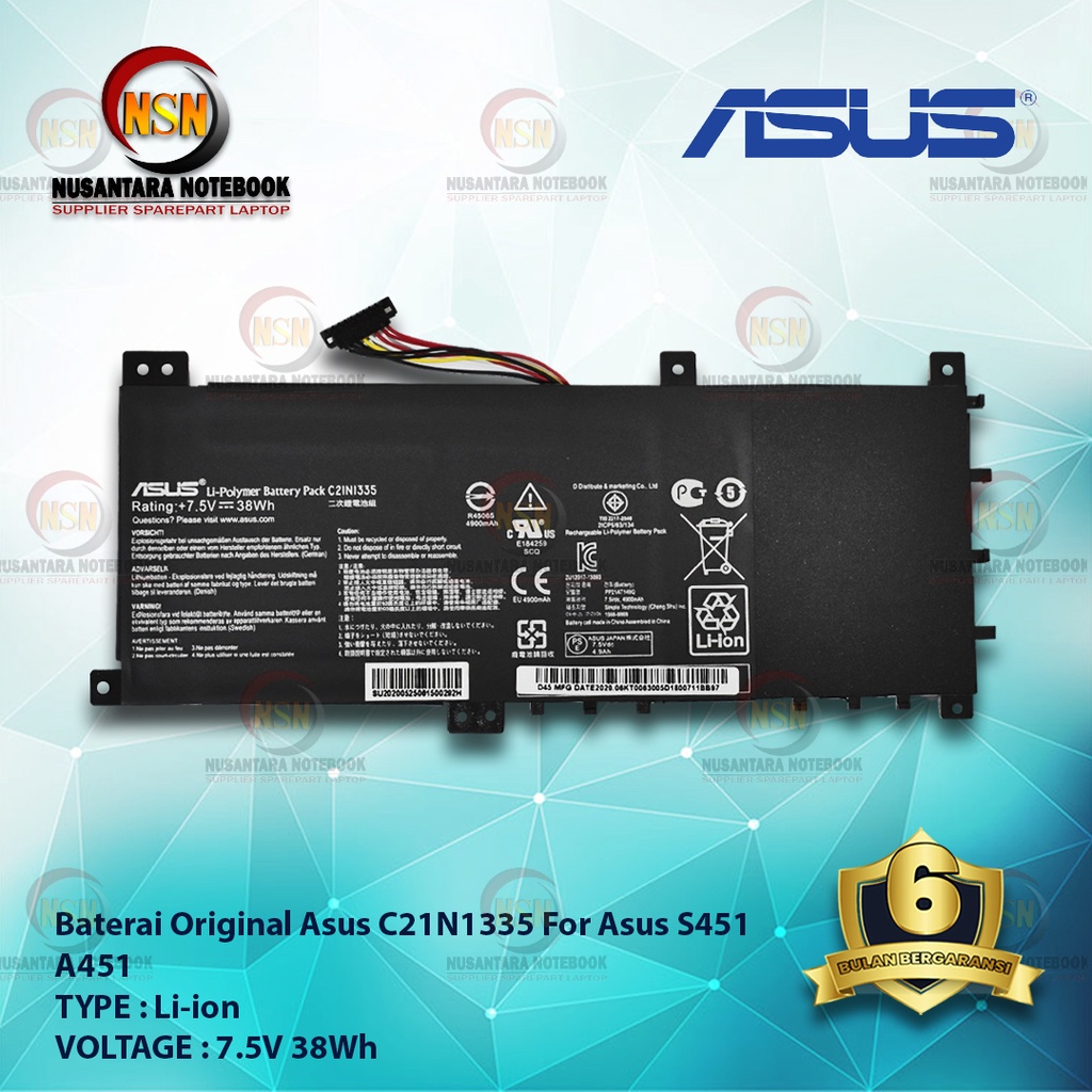 Baterai Original Asus C21N1335 For Asus S451 A451 7.5V 38Wh