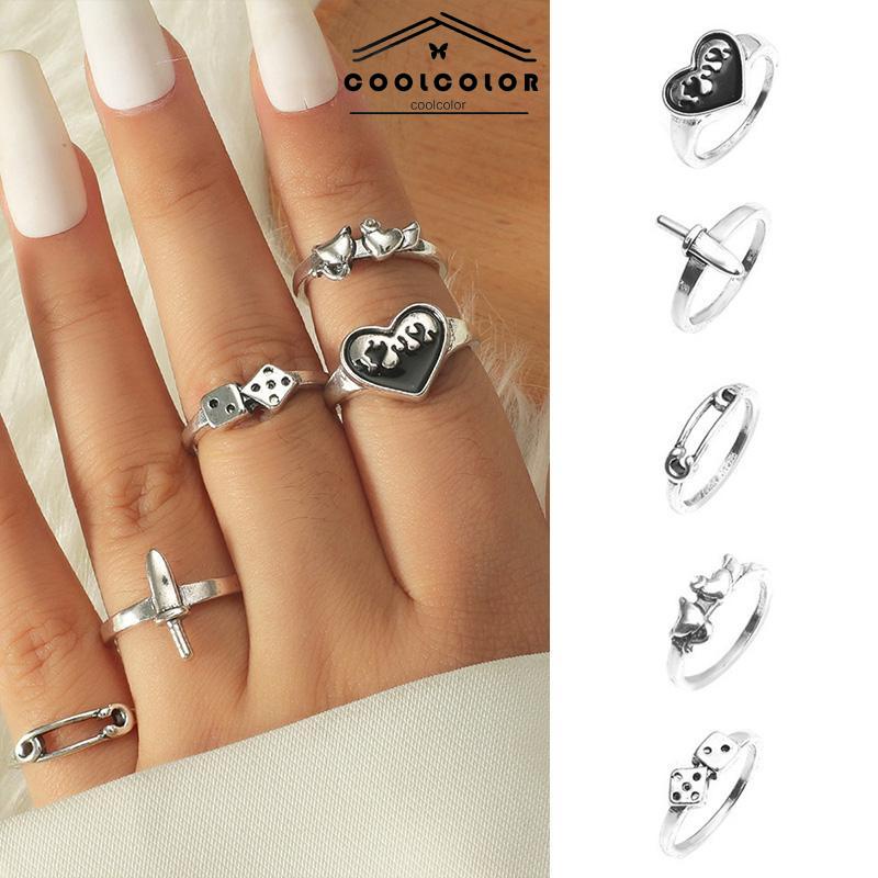 COD❤️5 Pcs set Domingo Ring Alloy peniti dadu love pedang retro silver cincin wanita fashion korea