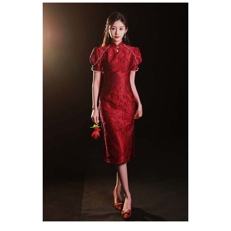Gaun Pesta D22034 Cheongsam Merah Lengan Pendek Sangjit Dress Gown