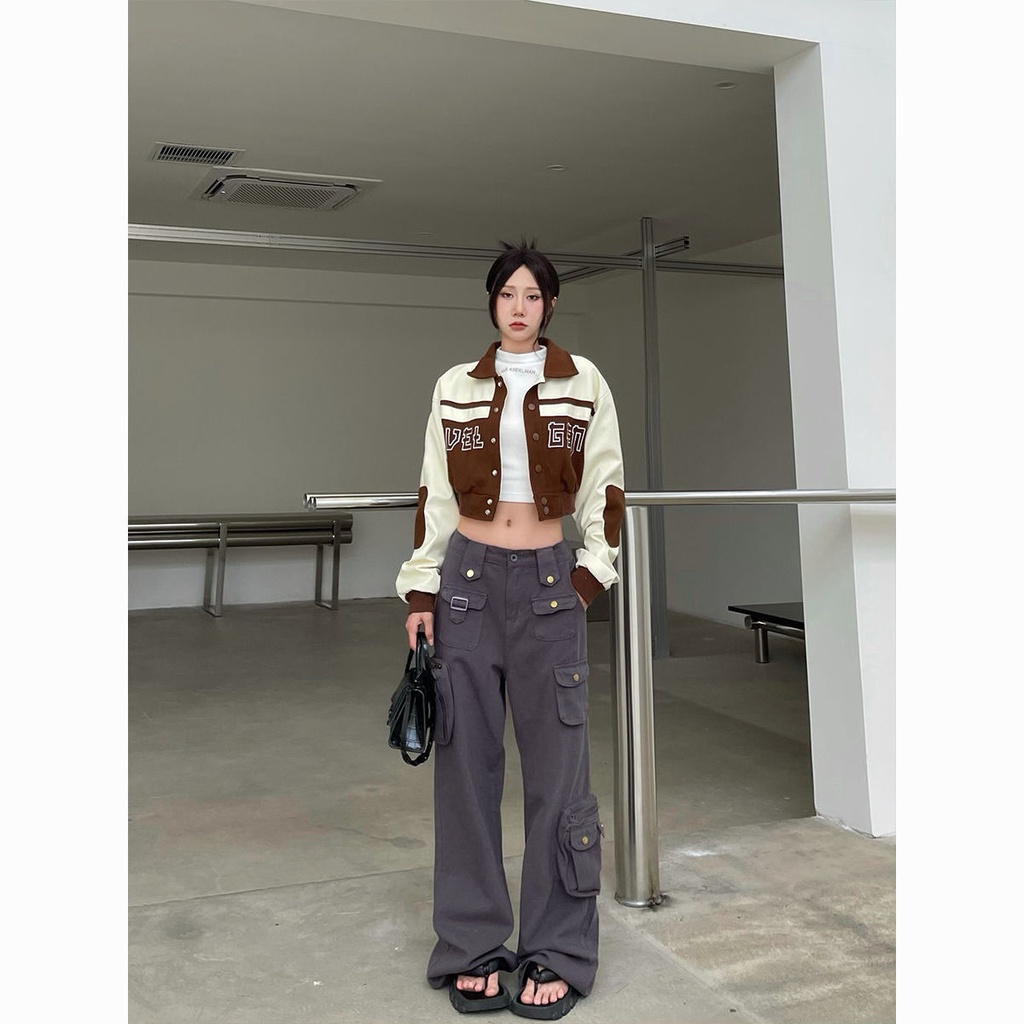 American Retro Gaya Jalan Jaket Baseball Wanita Wol PU Kulit Pendek Bersulam Patchwork Top