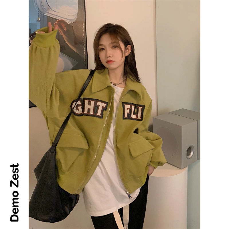 American Retro Kerah Corduroy Jaket Wanita BF Pendek Pakaian Kerja Jaket Kasual Jaket Bisbol Seragam