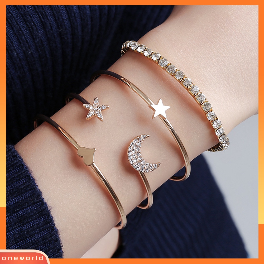 [WONE] 4pcs/set Bulan Bintang Hati Pesona Berlian Imitasi Bertatahkan Gelang Wanita Bangle Jewelry