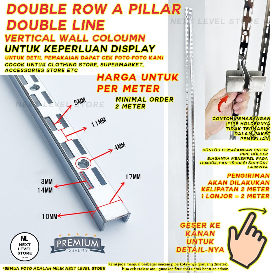 Pillar Double Row AA Display Hook Cantolan - Double Line - (1meter) - Minimal Beli 4 Lonjor / 8 Meter