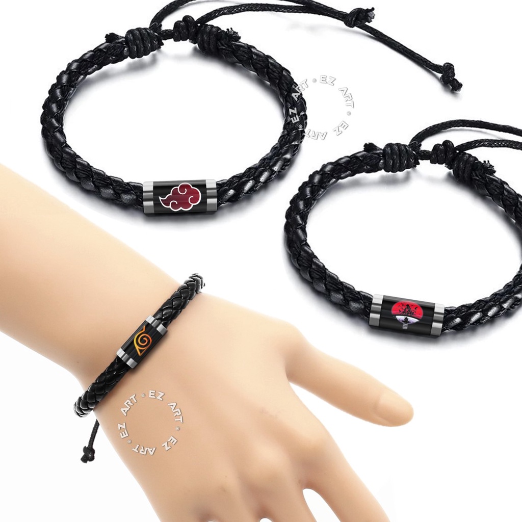 GELANG SIMPLE ANIME NARUTO LOGO AKATSUKI SHARINGAN RINEGAN TALI KULIT KEPANG GAMBAR KACA EPOXY TABUNG STAINLESS STEEL