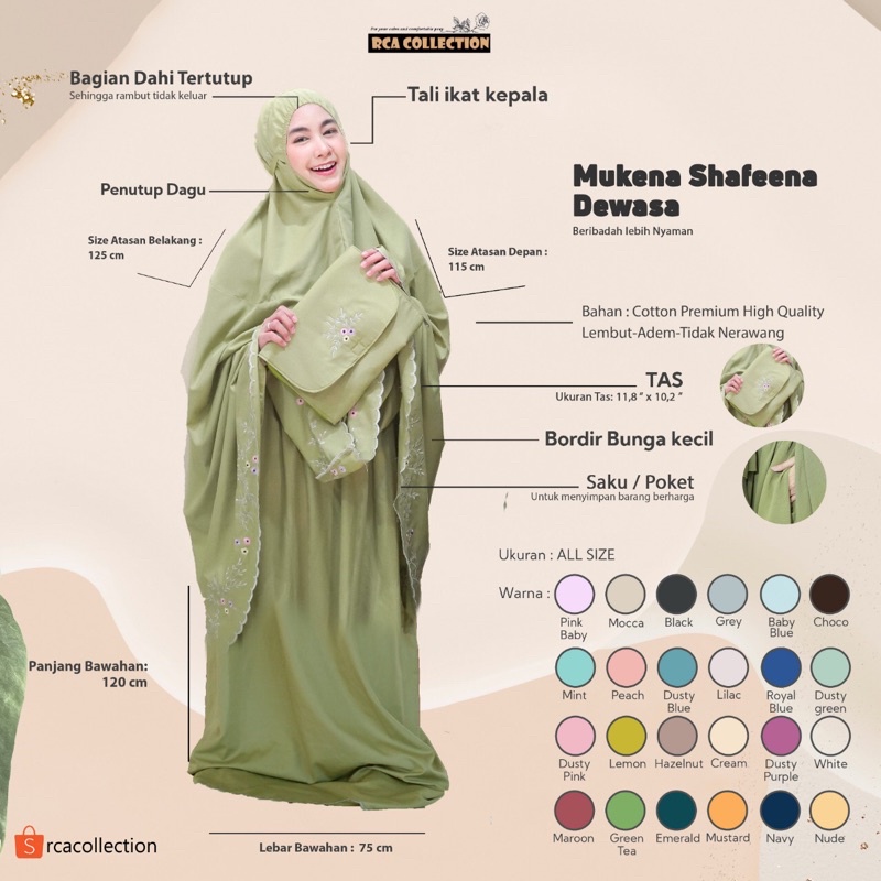 Mukena RCA Collection - SHAFEENA Mukena Dewasa Katun Carini Premium Bordir Manual Bunga Kecil Perlen