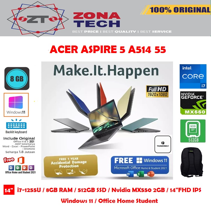 ACER ASPIRE 5 A514-55G - i7-1255U - 8GB - 512GB SSD - NVIDIA MX550 2GB - 14&quot;FHD IPS - WIN11 - OHS