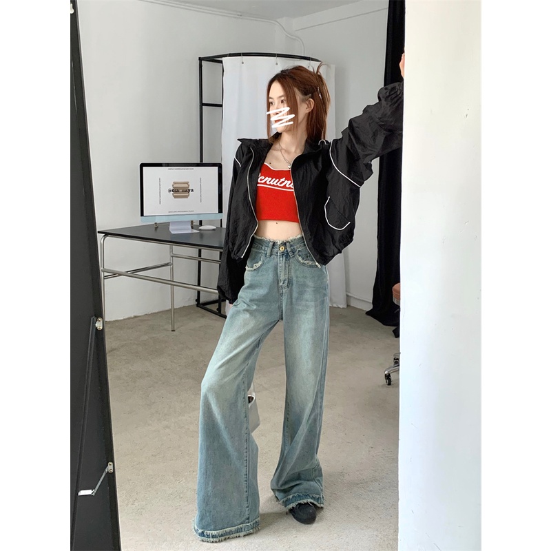 ■☼Suhao green raw edge retro jeans wanita musim gugur high waist loose all-match straight wide-leg pants mopping pants trendy