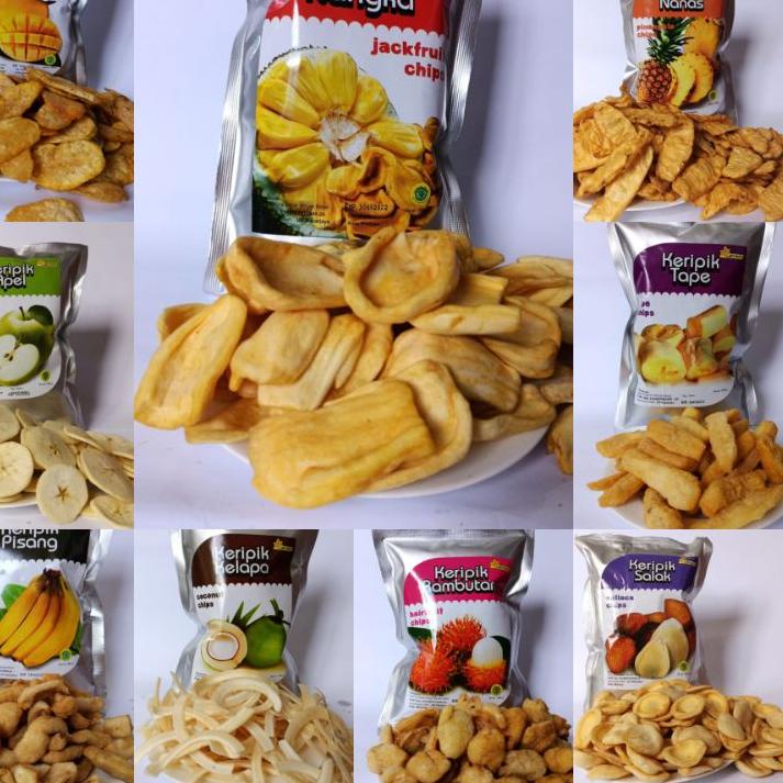 

ㆃ KERIPIK BUAH Nangka Apel Salak Nanas Mangga Rambutan Tape Pisang Kelapa Jamur Bakso kualitas super 100 gram Levina Chips .,.