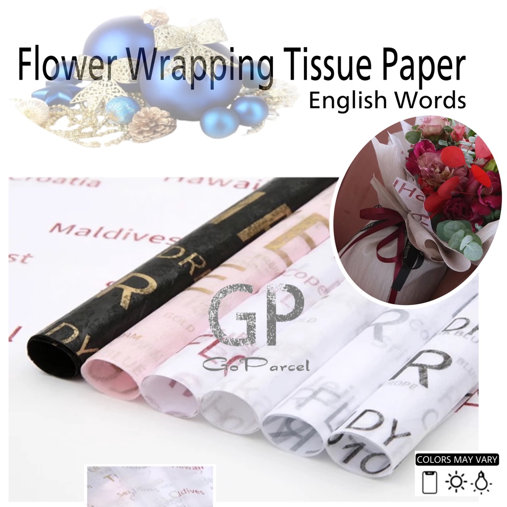 ( 5 Lembar ) ENGLISH WORDS - FLOWER WRAPPING TISSUE PAPER / KERTAS TISU / BUKET BUNGA / KERTAS BUNGA