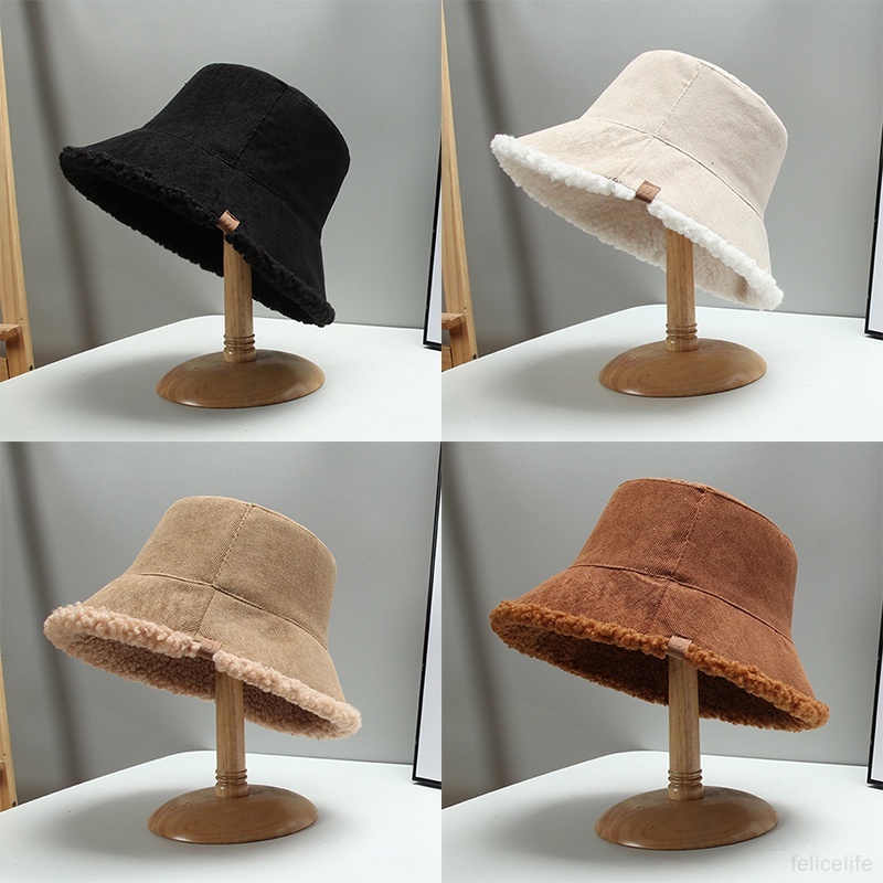 Wanita Topi Bucket Hat Menebal Retro Bulu Domba Memakai Dua Sisi Memakai Topi Nelayan Hangat