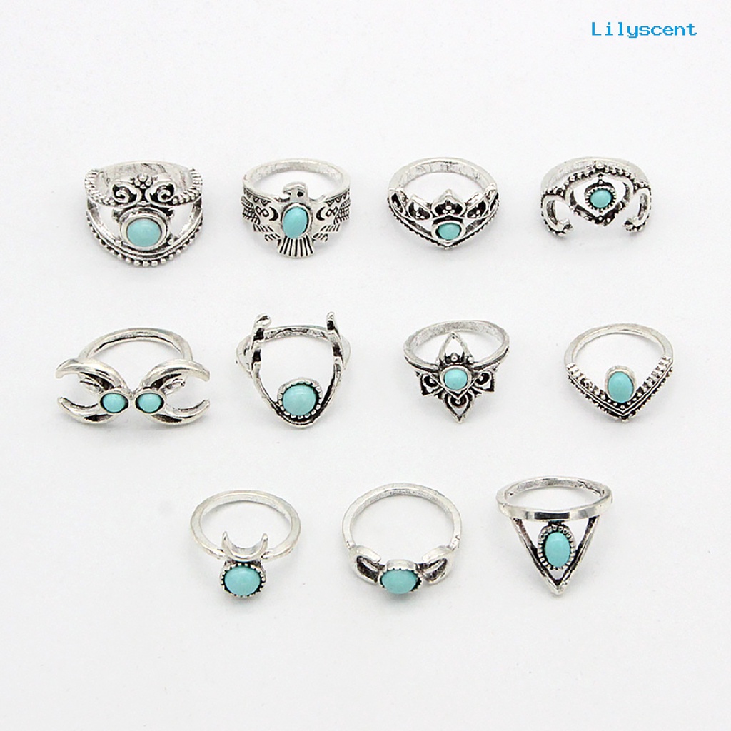 [LS]11 Pcs Berongga Bulu Stackable Knuckle Rings Gaya Etnik Bunga Permata Imitasi Jari Rings Perhiasan Aksesori