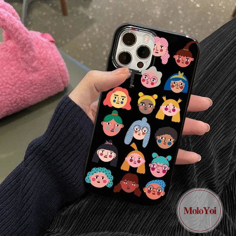 IPHONE Ins Fashion Kreatif Kartun Lucu Kartun Avatar Glossy Case Kompatibel Untuk Iphone12 11 13 14 Pro Max XR 7Plus 8plus7 8 14 Plus X XS Max SE 2020halus Lembut Tpu Hitam Penutup Belakang